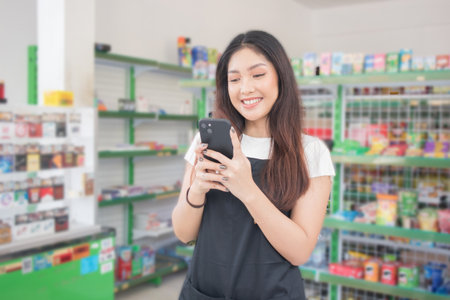 Asian female work as groceries store staff smiles and looks at the phone, wearing black apron while standing in front of display rackの写真素材