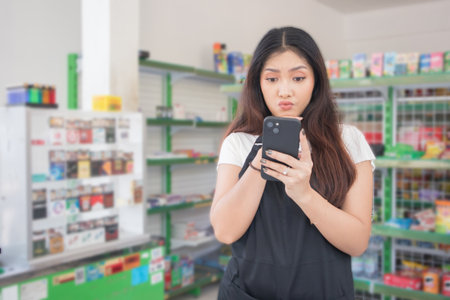 Asian female work as groceries store staff smiles and looks at the phone, wearing black apron while...