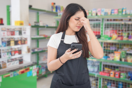 Asian female work as groceries store staff shocked, sad and looks at the phone, wearing black apron...