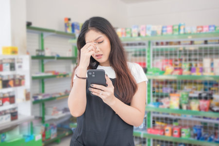 Asian female work as groceries store staff shocked, sad and looks at the phone, wearing black apron...