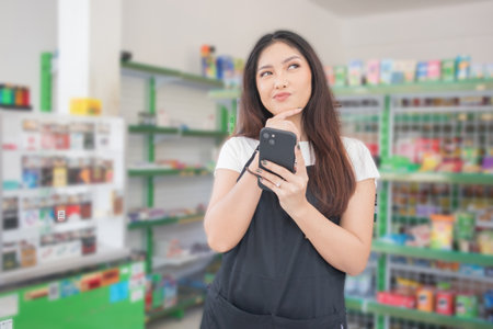 Asian female work as groceries store staff smiles and looks at the phone, wearing black apron while standing in front of display rackの写真素材