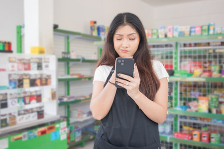 Asian female work as groceries store staff shocked, sad and looks at the phone, wearing black apron while standing in front of display rackの写真素材