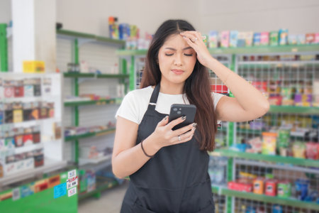 Asian female work as groceries store staff shocked, sad and looks at the phone, wearing black apron while standing in front of display rackの写真素材