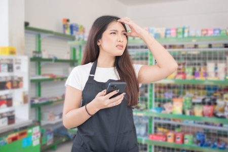 Asian female work as groceries store staff shocked, sad and looks at the phone, wearing black apron while standing in front of display rackの写真素材