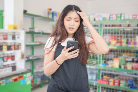 Asian female work as groceries store staff shocked, sad and looks at the phone, wearing black apron while standing in front of display rackの写真素材