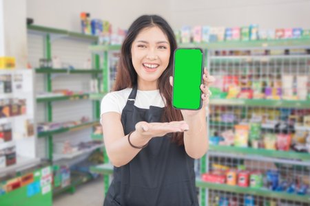 Asian female work as groceries store or modern store staff pointing to the copy space at smartphone blank screen, wearing black apron while standing in front of display rackの写真素材