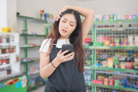 Asian female work as groceries store staff shocked, sad and looks at the phone, wearing black apron while standing in front of display rackの写真素材