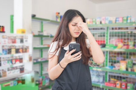 Asian female work as groceries store staff shocked, sad and looks at the phone, wearing black apron while standing in front of display rackの写真素材