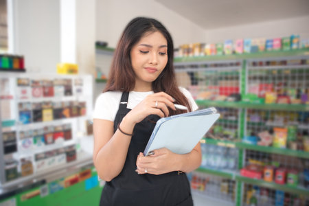 Happy Asian woman as groceries or modren market staff checking products and goods on the display...