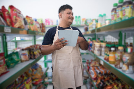 Happy Asian man as groceries or modren market staff checking products and goods on the display shelf while holding tablet and wearing grey apronの写真素材