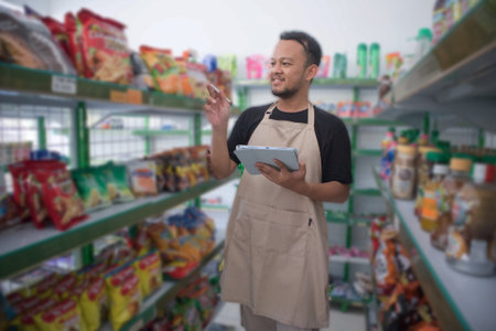 Happy Asian man as groceries or modren market staff checking products and goods on the display shelf...