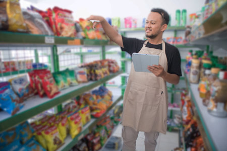 Happy Asian man as groceries or modren market staff checking products and goods on the display shelf while holding tablet and wearing grey apronの写真素材