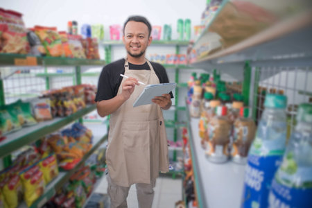 Happy Asian man as groceries or modren market staff checking products and goods on the display shelf while holding tablet and wearing grey apronの写真素材