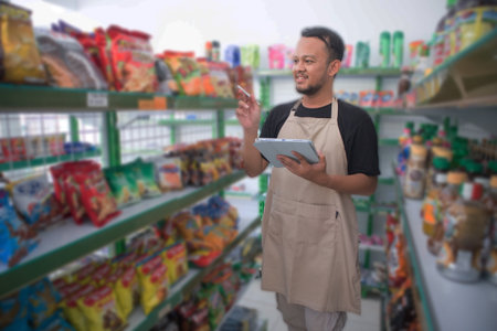 Happy Asian man as groceries or modren market staff checking products and goods on the display shelf while holding tablet and wearing grey apronの写真素材