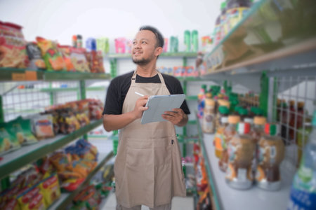 Happy Asian man as groceries or modren market staff checking products and goods on the display shelf while holding tablet and wearing grey apronの写真素材