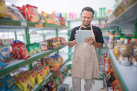Happy Asian man as groceries or modren market staff checking products and goods on the display shelf while holding tablet and wearing grey apronの写真素材