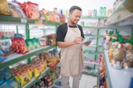 Happy Asian man as groceries or modern market staff checking products and goods on the display shelf while holding tablet and wearing grey apronの写真素材