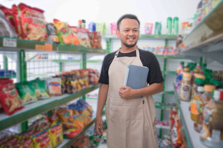 Happy Asian man as groceries or modren market staff checking products and goods on the display shelf while holding tablet and wearing grey apronの写真素材