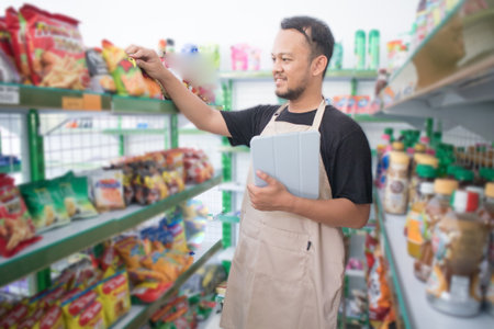 Happy Asian man as groceries or modren market staff checking products and goods on the display shelf while holding tablet and wearing grey apronの写真素材