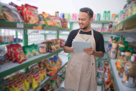 Happy Asian man as groceries or modren market staff checking products and goods on the display shelf while holding tablet and wearing grey apronの写真素材