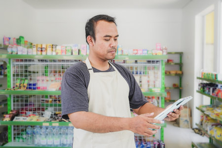 Happy Asian man as groceries or modern market staff checking products and goods on the display shelf while holding tablet and wearing grey apron in front of display shelvesの写真素材