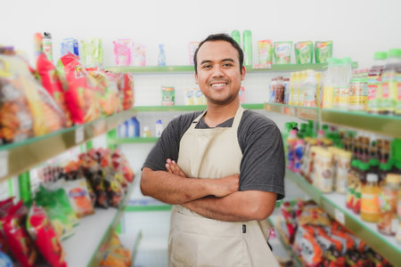 Smiling young Asian man at a modern grocery store or market wearing a gray apron checking goods on a...
