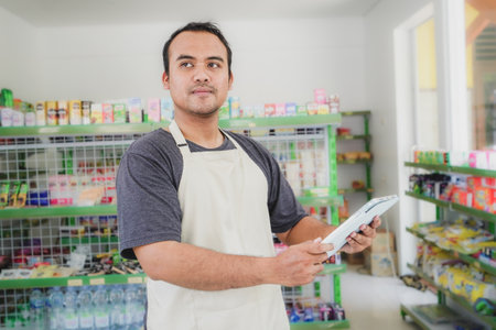 Happy Asian man as groceries or modern market staff checking products and goods on the display shelf while holding tablet and wearing grey apron in front of display shelvesの写真素材