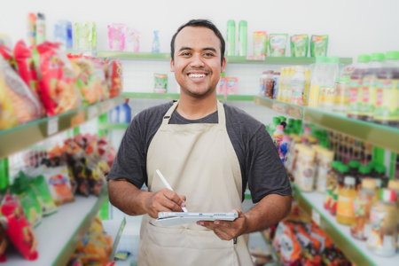 Happy Asian man as groceries or modern market staff checking products and goods on the display shelf...