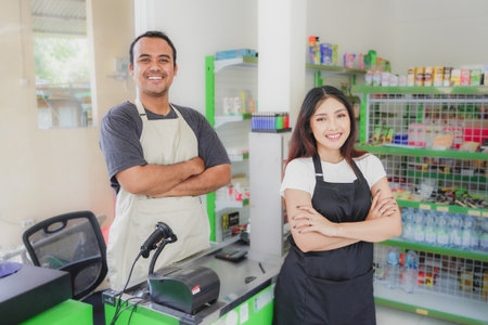couple Friendly Asian cashier welcoming customer with open arms, cashier is wearing black and cream apron standing in a groceries or convenient storeの写真素材