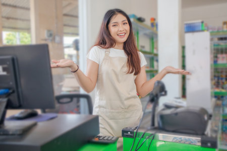 Young smiling Asian woman as grocery store staff standing at cashier counter with open hand gestureの写真素材