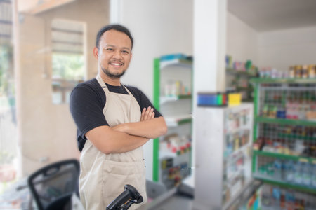 Smiling young Asian man as grocery store or modern market staff standing with crossed arms and full of confidence in front of display shelvesの写真素材