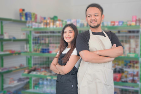 couple Confident young Asian people as convenience store staff in apron standing with arms crossed smiling to camera.の写真素材