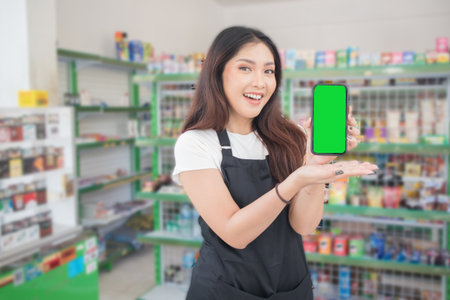 Asian female work as groceries store or modern store staff pointing to the copy space at smartphone blank screen, wearing black apron while standing in front of display rackの写真素材