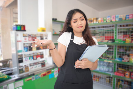 Happy Asian woman as groceries or modren market staff checking products and goods on the display...