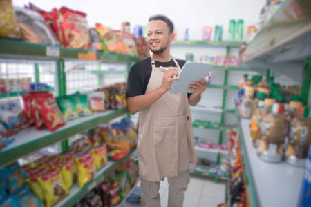 Happy Asian man as groceries or modren market staff checking products and goods on the display shelf...