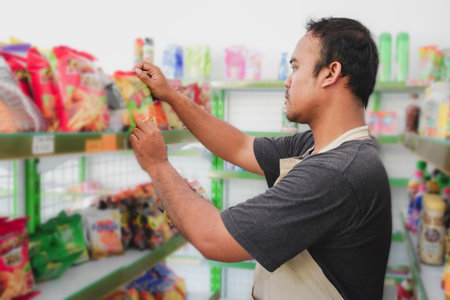 Smiling young Asian man at a modern grocery store or market wearing a gray apron checking goods on a display shelfの写真素材