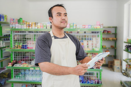 Happy Asian man as staff checking products and goods on the display shelf while holding tablet and...