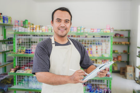 Happy Asian man as staff checking products and goods on the display shelf while holding tablet and...
