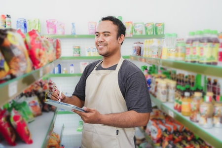 Happy Asian man as groceries or modern market staff checking products and goods on the display shelf...