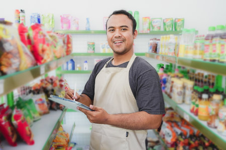 Happy Asian man as staff checking products and goods on the display shelf while holding tablet and...
