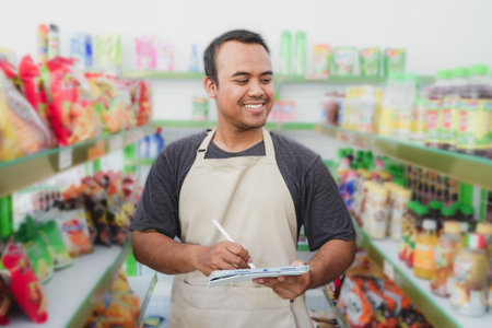 Happy Asian man as groceries or modern market staff checking products and goods on the display shelf while holding tablet and wearing grey apronの写真素材