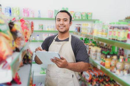 Happy Asian man as staff checking products and goods on the display shelf while holding tablet and...