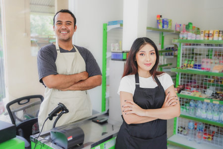couple Friendly Asian cashier welcoming customer with open arms, cashier is wearing black and cream...