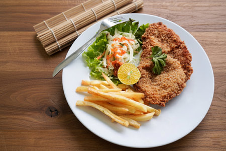 Chicken schnitzel is made from chicken breast, served with French fries, lemon, vegetable salad and...