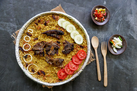 Traditional Kebuli Rice with Lamb, aromatic spiced rice dish cuisine, served with tender meat, raisins, cucumber, onion, seasoning and fresh tomato slicesの写真素材