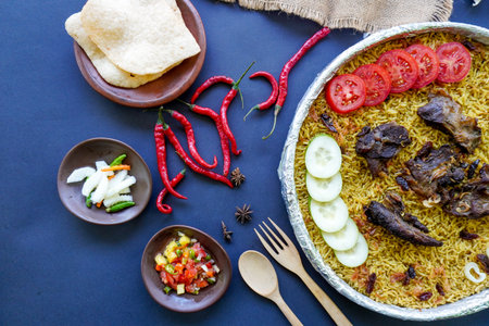 Traditional Kebuli Rice with Lamb, aromatic spiced rice dish cuisine, served with tender meat,...