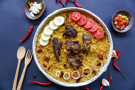 Traditional Kebuli Rice with Lamb, aromatic spiced rice dish cuisine, served with tender meat, raisins, cucumber, onion, seasoning and fresh tomato slicesの写真素材