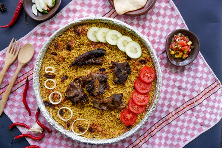 Traditional Kebuli Rice with Lamb, aromatic spiced rice dish cuisine, served with tender meat, raisins, cucumber, onion, seasoning and fresh tomato slicesの写真素材