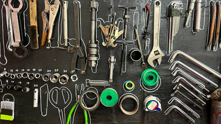 A blackboard with many tools on it. The tools are arranged in a way that they look like they are...