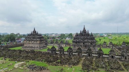Aerial view of Plaosan Temple, a Buddhist temple in Indonesia